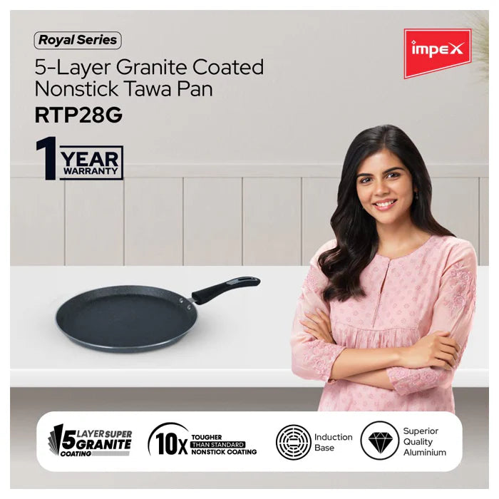 Impex Tawa Pan (28 cm) Royal 5-Layer Super Granite Nonstick Induction Base, 10 Times Tougher Non-Stick, for Dosa, Pathiri, Chapati, Roti, Parotta, Naan, Ease to Clean (28 cm, Grey)