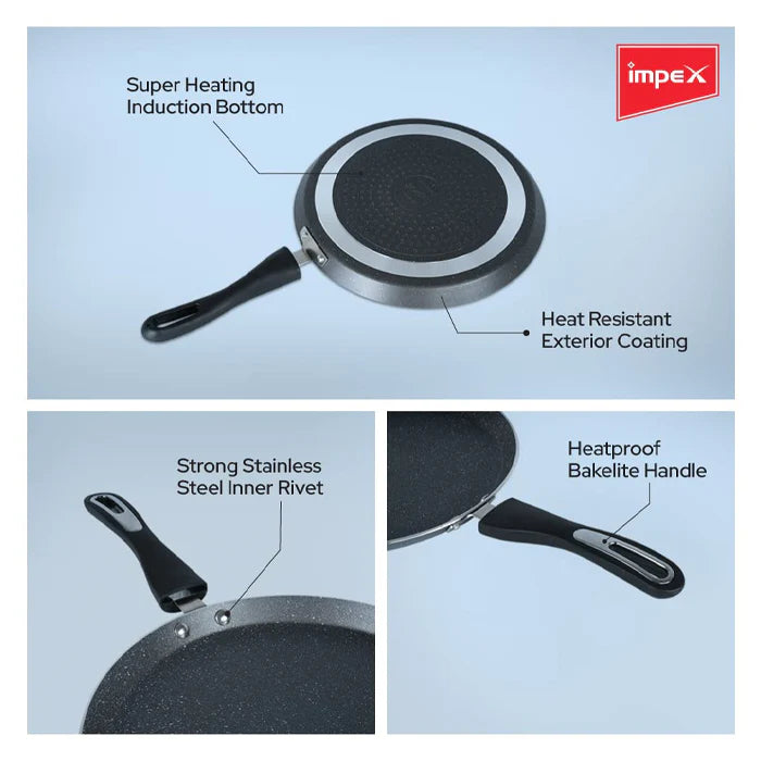 Impex Tawa Pan (28 cm) Royal 5-Layer Super Granite Nonstick Induction Base, 10 Times Tougher Non-Stick, for Dosa, Pathiri, Chapati, Roti, Parotta, Naan, Ease to Clean (28 cm, Grey)