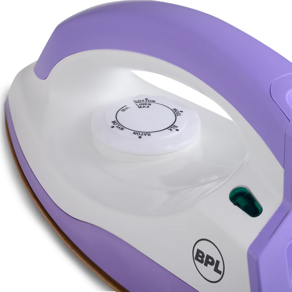 BPL BDIS0041 Adjustable Temperature Setting Heating Up Light Cool Touch Plastic Body 1000 W Dry Iron (Purple, White)