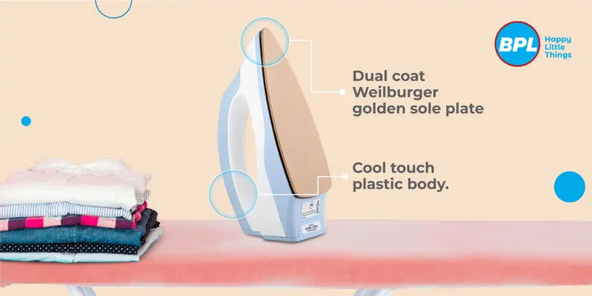 BPL BDIS0011 Adjustable Temperature Setting Heating Up Light Cool Touch Plastic Body 1000 W Dry Iron (Blue, White)
