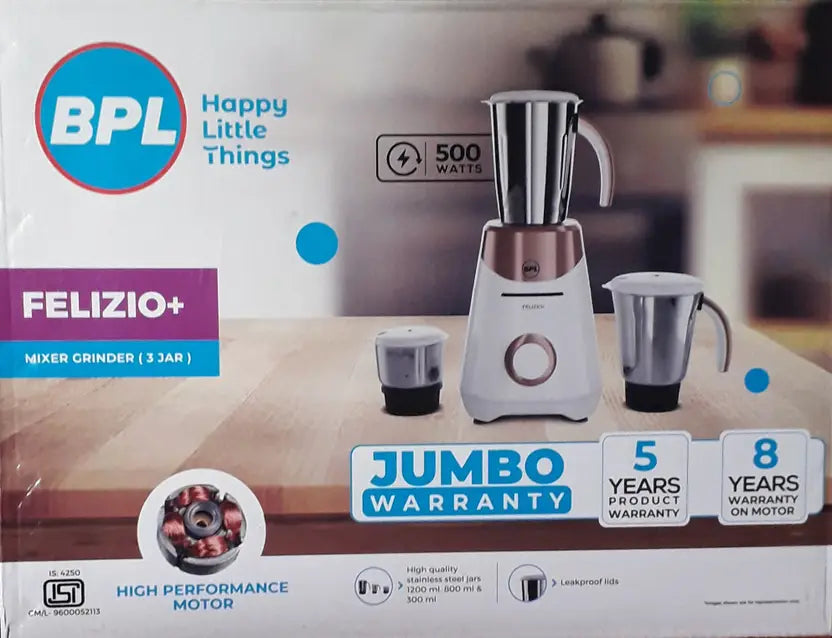 BPL FELIZIO PLUS 5 years product & 8 years warranty on motor by Brand 500 W Juicer Mixer Grinder (BMG34250 | 3 Jars | white and Couper)