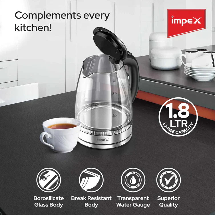 Impex STEAMER GK18 1.8 L Glass Body Electric Kettle with LED Illumination