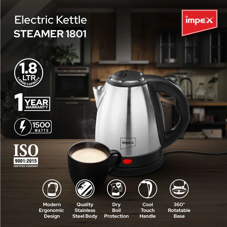 Click to expand Impex STEAMER-1801 Stainless Steel Electric Kettle (1.8 Litre,1500 Watts,Silver)