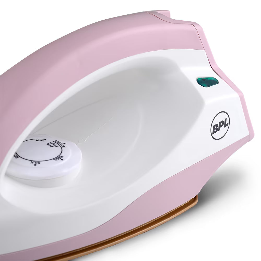 BPL BDIS0021 Adjustable Temperature Setting Heating Up Light Cool Touch Plastic Body 1000 W Dry Iron (Pink, White)