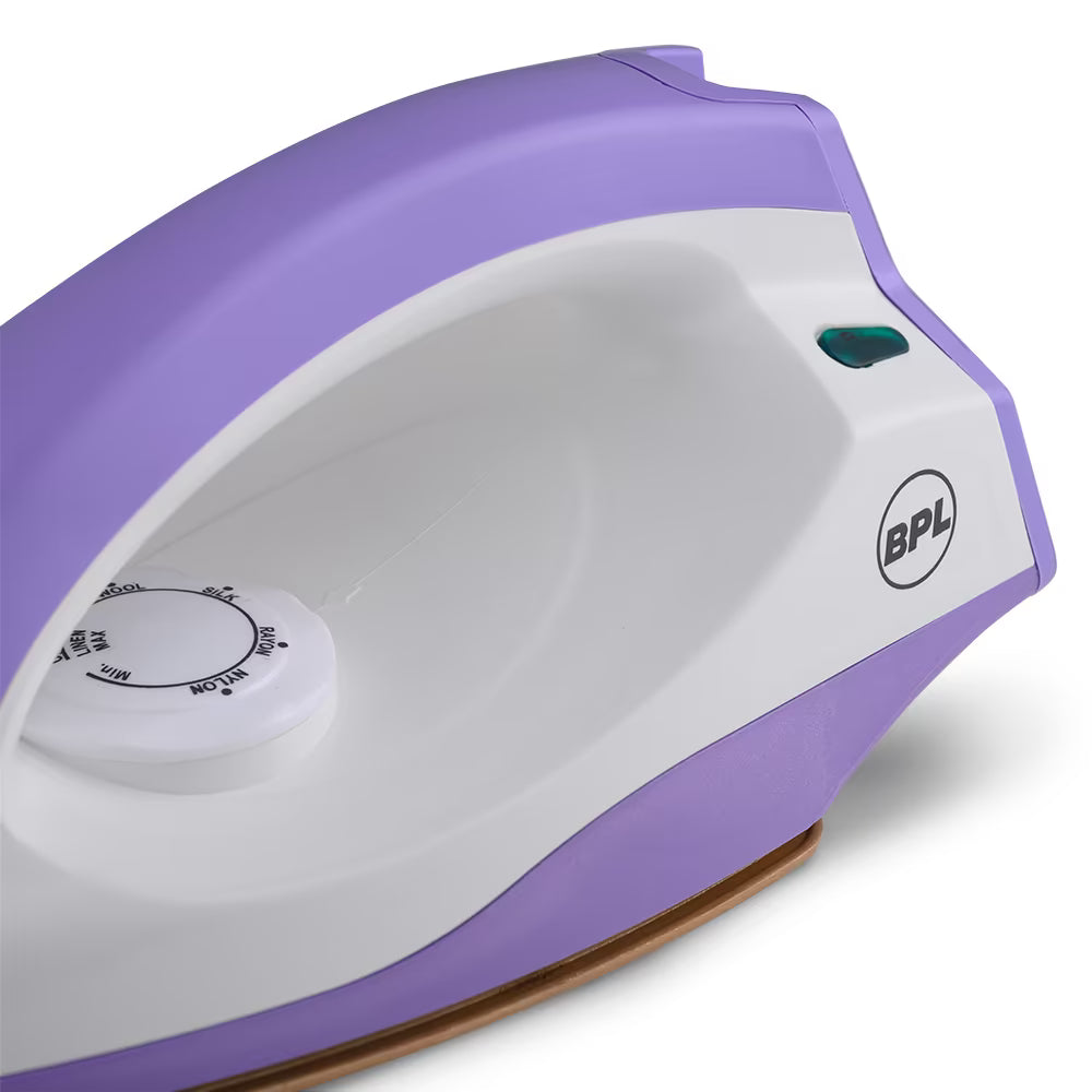 BPL BDIS0041 Adjustable Temperature Setting Heating Up Light Cool Touch Plastic Body 1000 W Dry Iron (Purple, White)