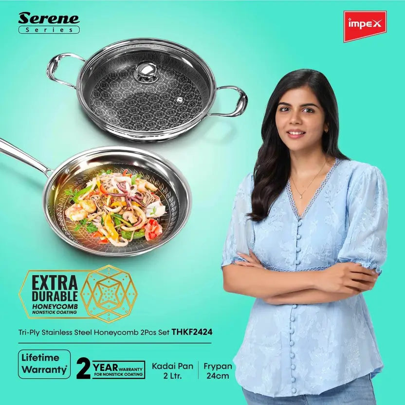 IMPEX Serene Triply stainless steel Honeycomb 2Pcs set (kadai Pan + Fry Pan ) Induction Bottom Cookware Set  (Stainless Steel, 2 - Piece)
