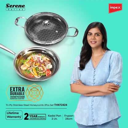IMPEX Serene Triply stainless steel Honeycomb 2Pcs set (kadai Pan + Fry Pan ) Induction Bottom Cookware Set  (Stainless Steel, 2 - Piece)