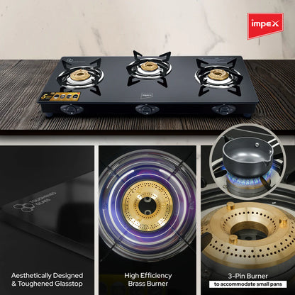 Impex Aspira Ador 3B Glasstop Gas Stove | 3 Brass Burners, Toughened Glass, Powder Coated Body, 2+5 Year Warranty | Black