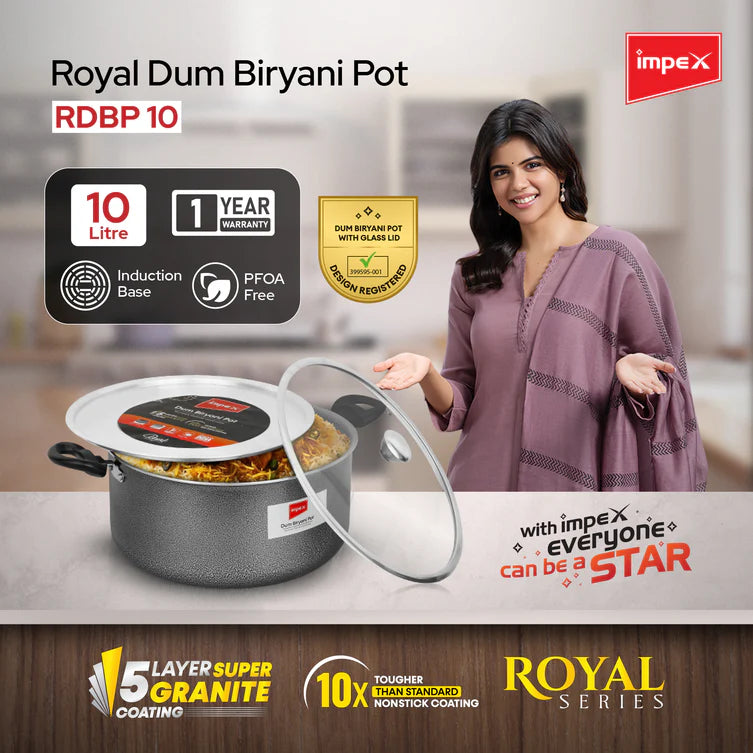 Click to expand Impex RDBP10 - 10L, Dum Biryani Pot, Aluminium, PFOA-Free, Tempered Glass Lid, Induction Compatible, 1 Year Warra