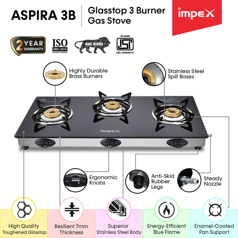 3-Burner Glasstop Gas Stove | Aspira 3B