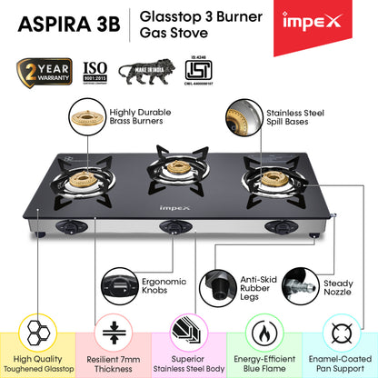 3-Burner Glasstop Gas Stove | Aspira 3B