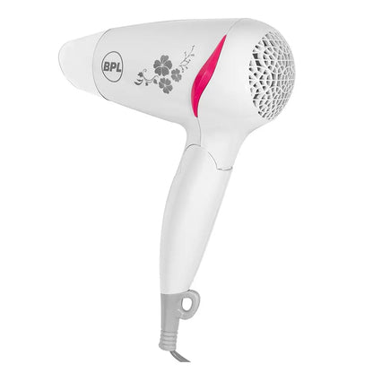 BPL 1200W Foldable Hair Dryer with Ionic Air Function for fast dry and silky hair, 3 Temperature Settings, Overheat Protection, Detachable Concentrator, 2 Years Warranty, White and Pink