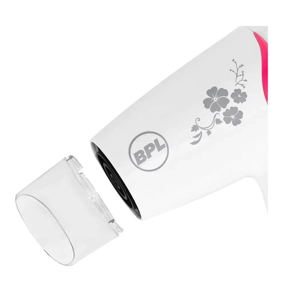 BPL 1200W Foldable Hair Dryer with Ionic Air Function for fast dry and silky hair, 3 Temperature Settings, Overheat Protection, Detachable Concentrator, 2 Years Warranty, White and Pink