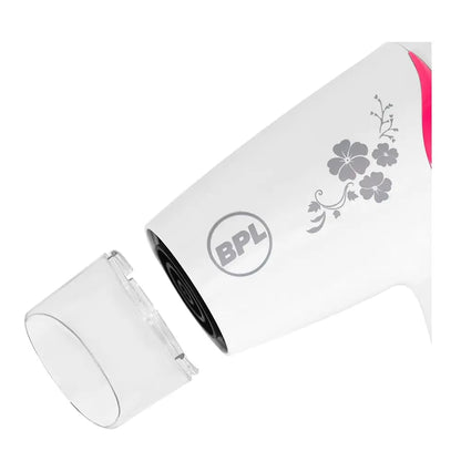 BPL 1200W Foldable Hair Dryer with Ionic Air Function for fast dry and silky hair, 3 Temperature Settings, Overheat Protection, Detachable Concentrator, 2 Years Warranty, White and Pink