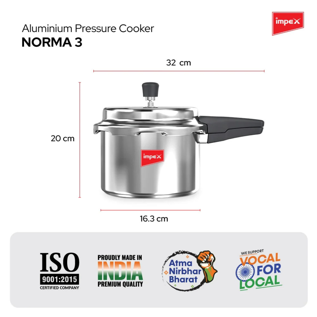 Impex Aluminium  Pressure Cooker 3 L ( ECO 3  ) | 5 Years Warranty |