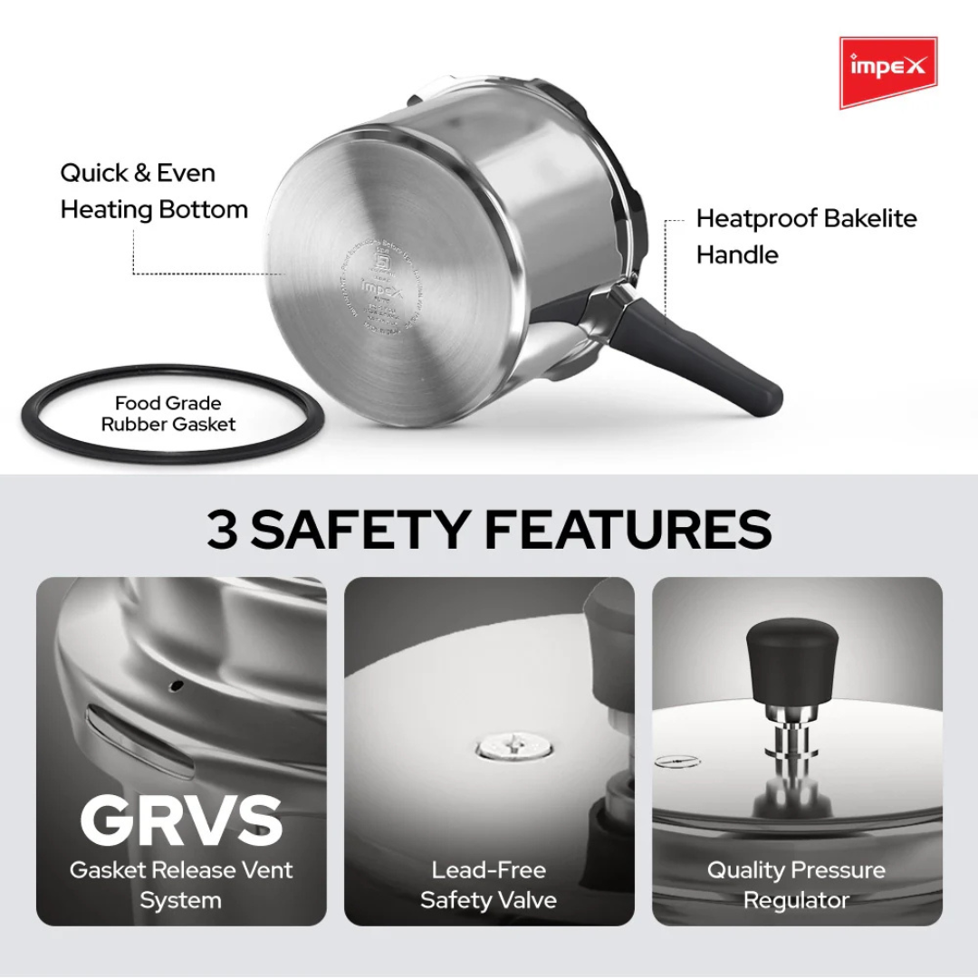 Impex Aluminium  Pressure Cooker 3 L ( ECO 5  ) | 5 Years Warranty |