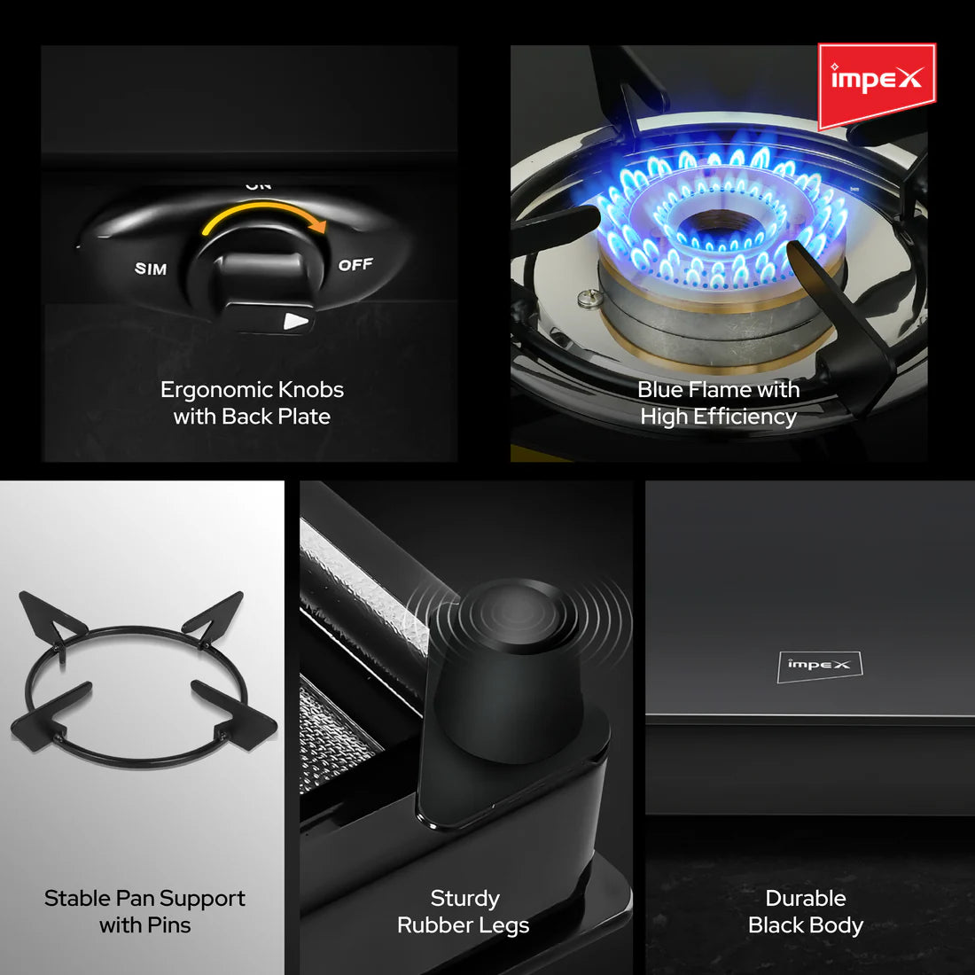 Impex Aspira Ador 3B Glasstop Gas Stove | 3 Brass Burners, Toughened Glass, Powder Coated Body, 2+5 Year Warranty | Black