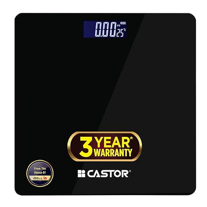 CASTOR Weight Machine for Body Weight, Weighing Scale, Tempered Glass, LCD Display, Digital Bathroom Scale, BS026M, Upto 180 kg, Black
