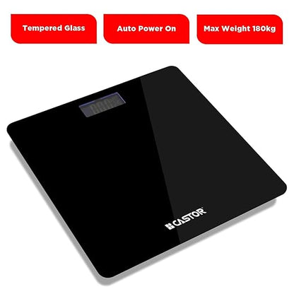CASTOR Weight Machine for Body Weight, Weighing Scale, Tempered Glass, LCD Display, Digital Bathroom Scale, BS026M, Upto 180 kg, Black