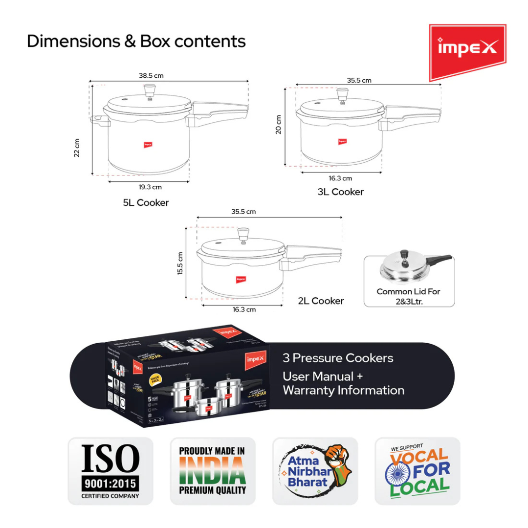 Impex Stainless Steel Pressure Cooker Family Combo | 5 Years Warranty |