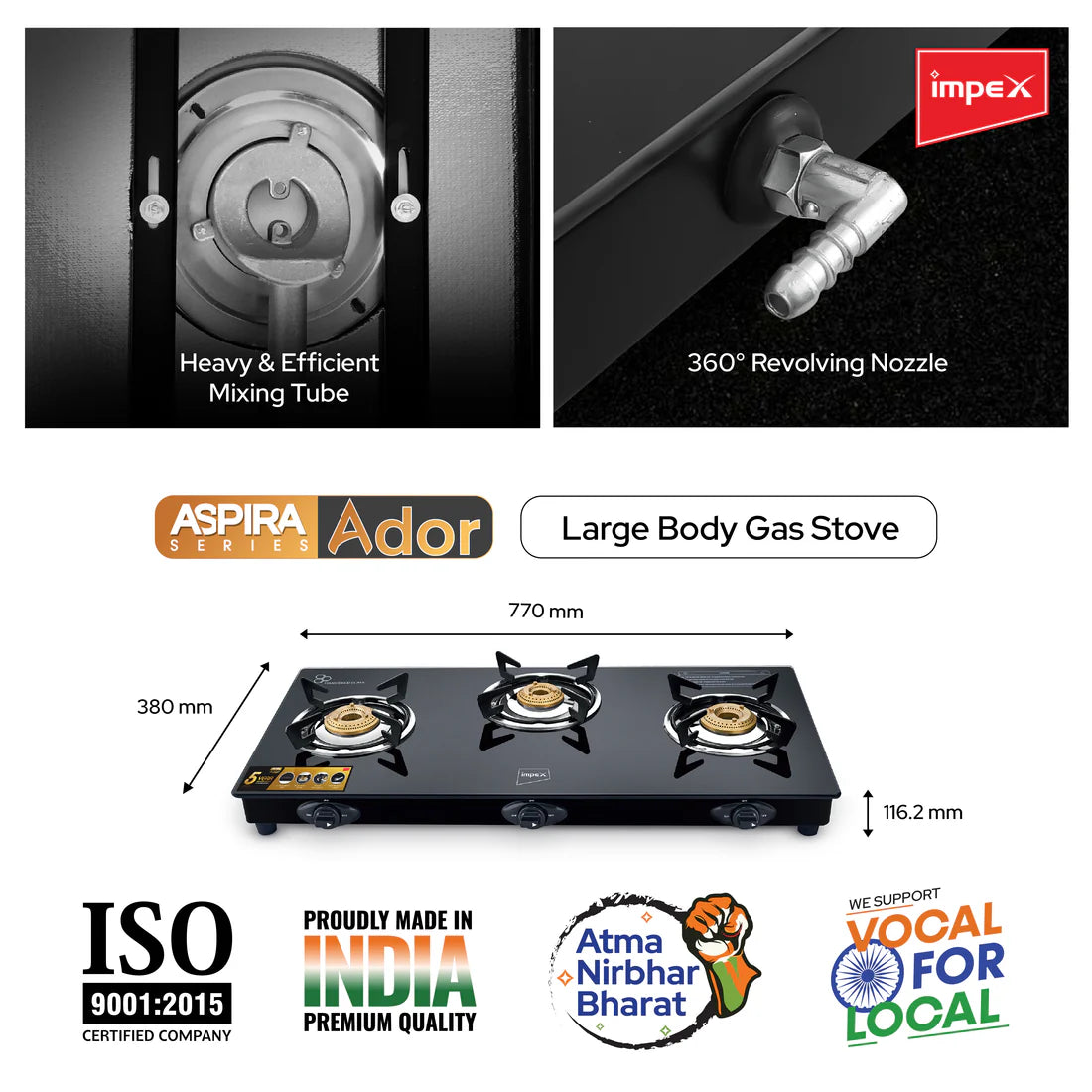 Impex Aspira Ador 3B Glasstop Gas Stove | 3 Brass Burners, Toughened Glass, Powder Coated Body, 2+5 Year Warranty | Black