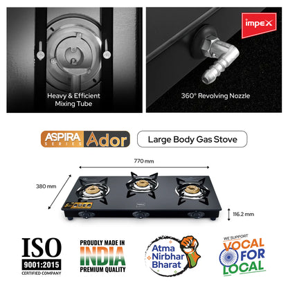 Impex Aspira Ador 3B Glasstop Gas Stove | 3 Brass Burners, Toughened Glass, Powder Coated Body, 2+5 Year Warranty | Black