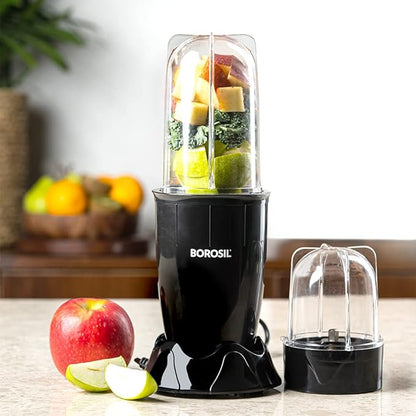 Borosil NutriFresh Portable Mini-Blender & Grinder, 500 ml Blending Jar, 300 ml Chutney Jar, For Blending Smoothies & Chutneys, Dry Grinding Spices, Black, 400 W