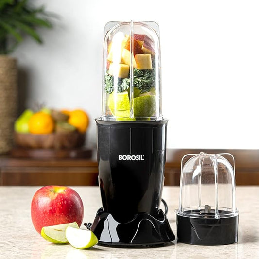 Borosil NutriFresh Portable Mini-Blender & Grinder, 500 ml Blending Jar, 300 ml Chutney Jar, For Blending Smoothies & Chutneys, Dry Grinding Spices, Black, 400 W