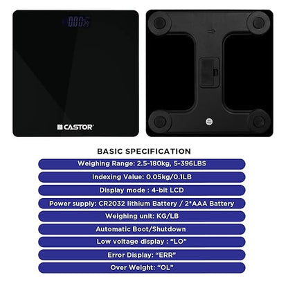 CASTOR Weight Machine for Body Weight, Weighing Scale, Tempered Glass, LCD Display, Digital Bathroom Scale, BS026M, Upto 180 kg, Black