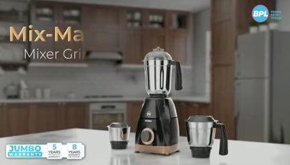 BPL MIX-MASTER Mixer Grinder/Mixie for Kitchen | 750 Watts | 3 MultiPurpose Jars for Juicing | Chutney Making | Dry Grinding | Wet Grinding | 3 Speed Control 5 Year Warranty (Black)
