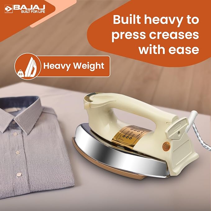 Bajaj DHX-9 1000W Heavy Weight Dry Iron | Advance Soleplate And Anti-Bacterial German Coating Technology | Cord Organizer | Multiple Temperature Levels | 2-Yrs Warranty 【Ivory】