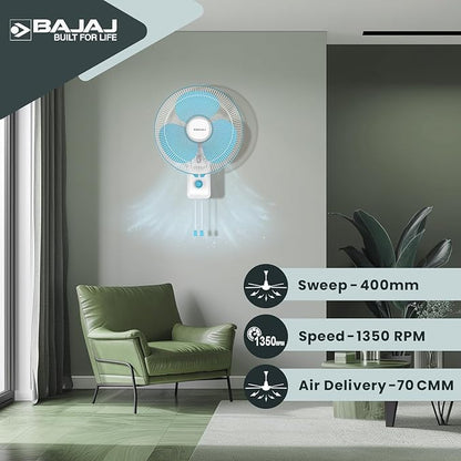 Bajaj Robusto 400MM Oscillating Wall Fan for Home | DuraBreezeTM Technology | Surge Protection | 100% Copper Motor | High Air Delivery | Modern Décor | 3 Years Warranty 【Icy Blue & White】