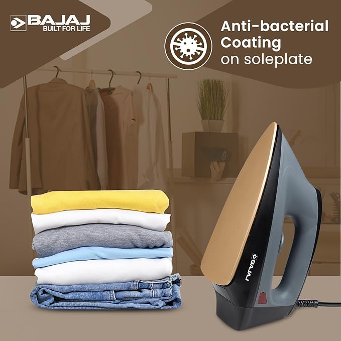 Bajaj Herculo Heavy Weight Dry Iron | 1100 W Heavy Weight Dry Iron | Duraglide Soleplate | Anti-Bacterial & Non-Stick Coating | 360 Degree Swivel Cord | 2-Yrs Warranty 【Black & Grey】