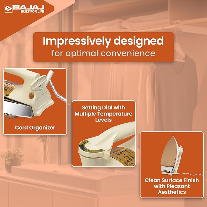 Bajaj DHX-9 1000W Heavy Weight Dry Iron | Advance Soleplate And Anti-Bacterial German Coating Technology | Cord Organizer | Multiple Temperature Levels | 2-Yrs Warranty 【Ivory】