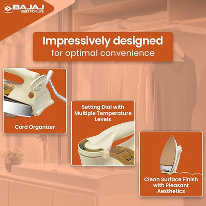 Bajaj DHX-9 1000W Heavy Weight Dry Iron | Advance Soleplate And Anti-Bacterial German Coating Technology | Cord Organizer | Multiple Temperature Levels | 2-Yrs Warranty 【Ivory】