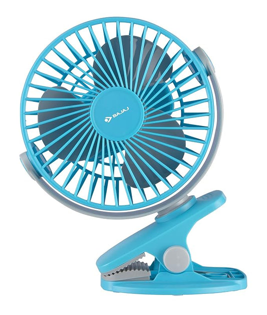Bajaj Pygmy Mini Fan 110MM | USB Charging | Multi-Clip Function | Rechargeable | 4-Hr Back-up | Silent Operation | Longer Battery Life | Energy Efficient | Portable 【Blue】