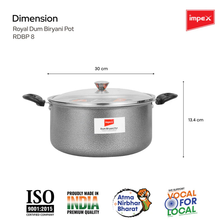Impex RDBP8 - 8L, Dum Biryani Pot, Aluminium, PFOA-Free, Tempered Glass Lid, Induction Compatible, 1 Year Warranty, Grey