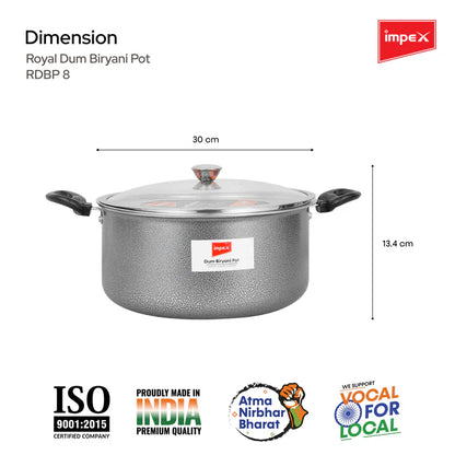 Impex RDBP8 - 8L, Dum Biryani Pot, Aluminium, PFOA-Free, Tempered Glass Lid, Induction Compatible, 1 Year Warranty, Grey