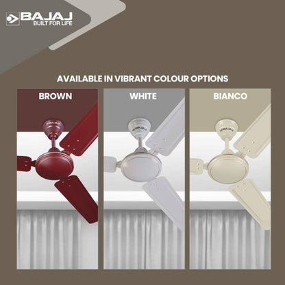 Specifications Colour	Brown, White, Bianco Brand	Bajaj Sweep	48 inch (1200 mm) Material	Aluminium BEE Rating	1 Star Blades	3 Control	Regulator
