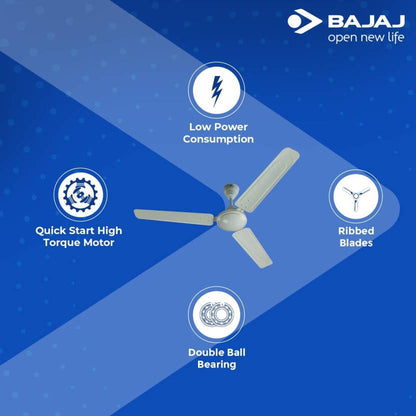 Specifications Colour	Brown, White, Bianco Brand	Bajaj Sweep	48 inch (1200 mm) Material	Aluminium BEE Rating	1 Star Blades	3 Control	Regulator
