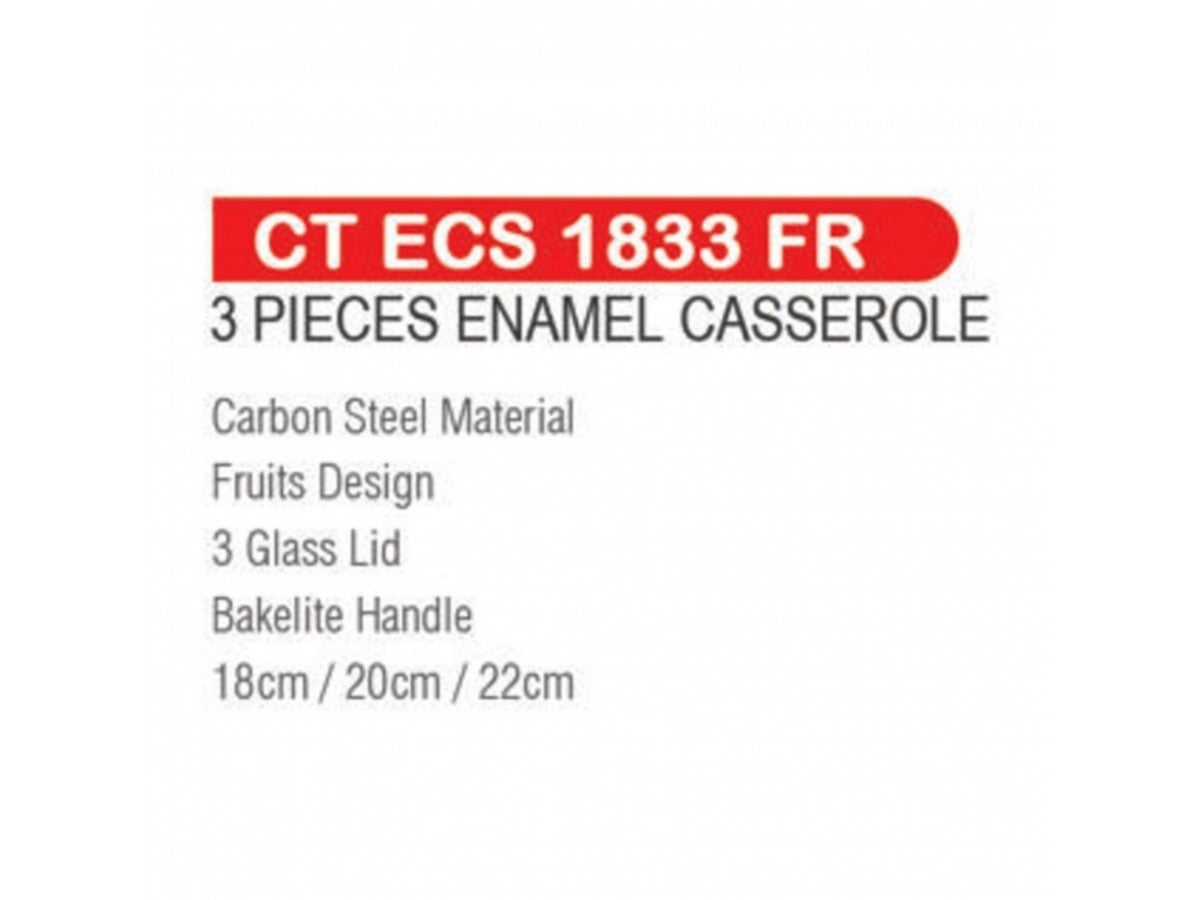 Castor Enamel 3pcs 3mm Casserole with Glass Lid 18,20,22 cm CT ECS1833