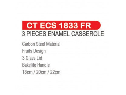 Castor Enamel 3pcs 3mm Casserole with Glass Lid 18,20,22 cm CT ECS1833