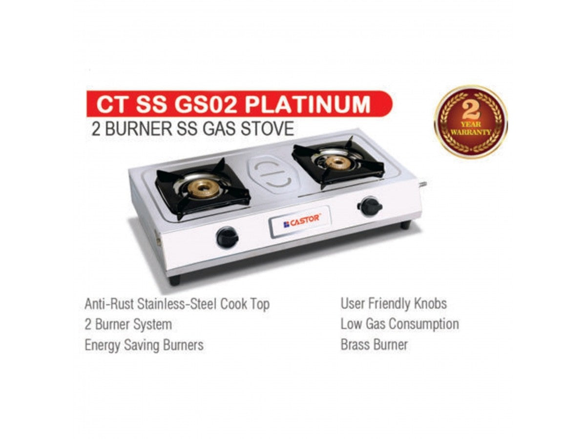 Castor 2 Burner Platinum Stainless Steel Gas Stove