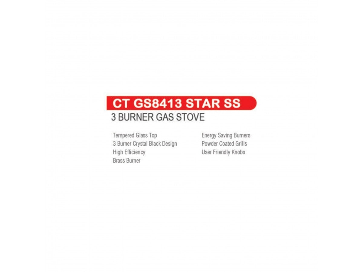 Castor Star 3 Burner Glass Top Auto Ignition Gas Stove-CT AGS8413 STAR SS