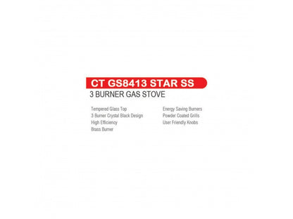 Castor Star 3 Burner Glass Top Auto Ignition Gas Stove-CT AGS8413 STAR SS