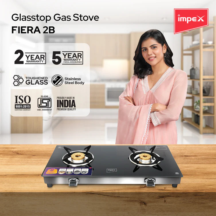 Impex FIERA 2B Glass Top Gas Stove with Open Brass Burners - Black