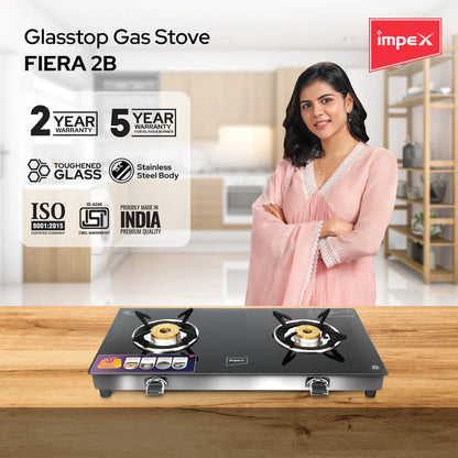 Impex FIERA 2B Glass Top Gas Stove with Open Brass Burners - Black