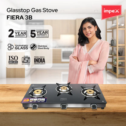 Impex FIERA 3B Glass Top Gas Stove with Open Brass Burners - Black