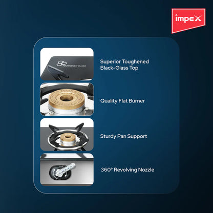 Impex FIERA 3B Glass Top Gas Stove with Open Brass Burners - Black
