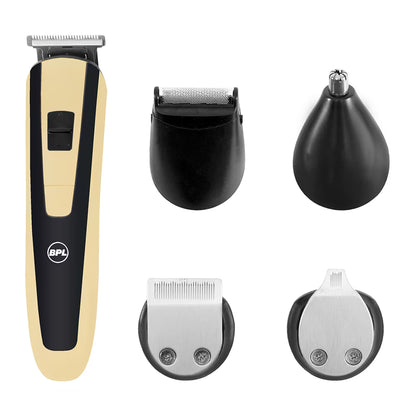 BPL Men's 10-in-1 Grooming Kit with Digital Battery Indicator, 70mins Cordless Usage, Fast Charging, 5-Heads & 5-Comb Length Adjustment, Detachable Heads for easy cleaning, 2 Years Warranty, Black and Light Gold